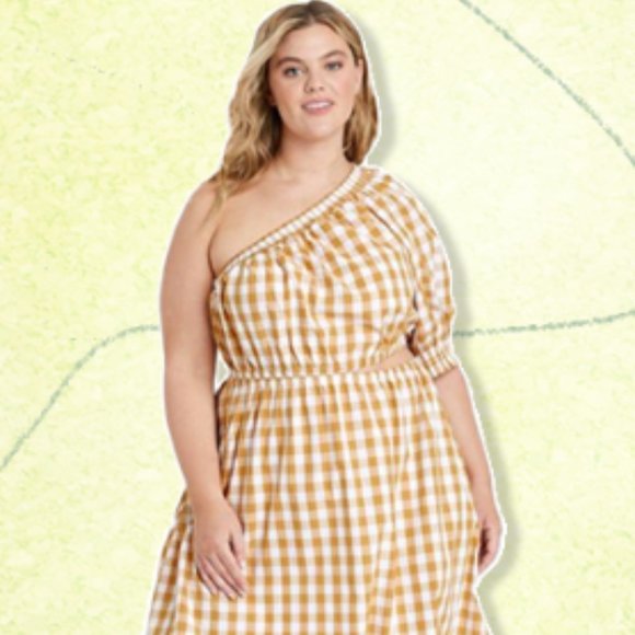 Who What Wear Dresses & Skirts - Who What Wear Midi One-Shoulder Dress - Mustard Gingham Puff Short Sleeve Cotton